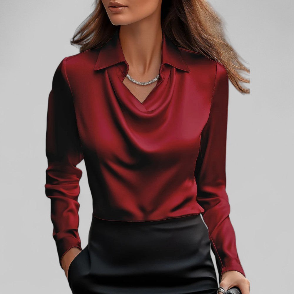 Rose | Women's Draped Neck Long Sleeve Satin Blouse - Champagne