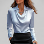 Rose | Women's Draped Neck Long Sleeve Satin Blouse - Blue