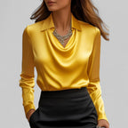 Rose | Women's Draped Neck Long Sleeve Satin Blouse - Purple
