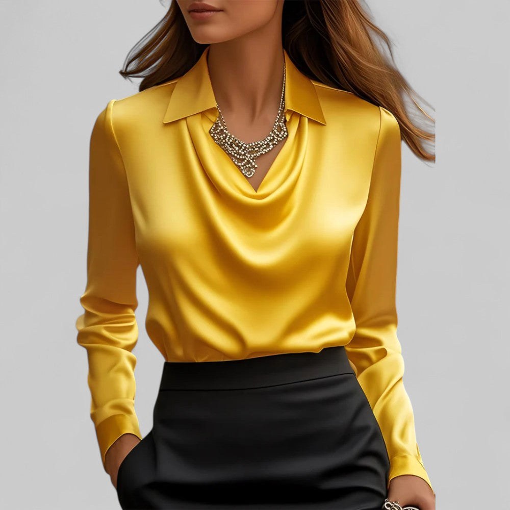 Rose | Women's Draped Neck Long Sleeve Satin Blouse - Purple
