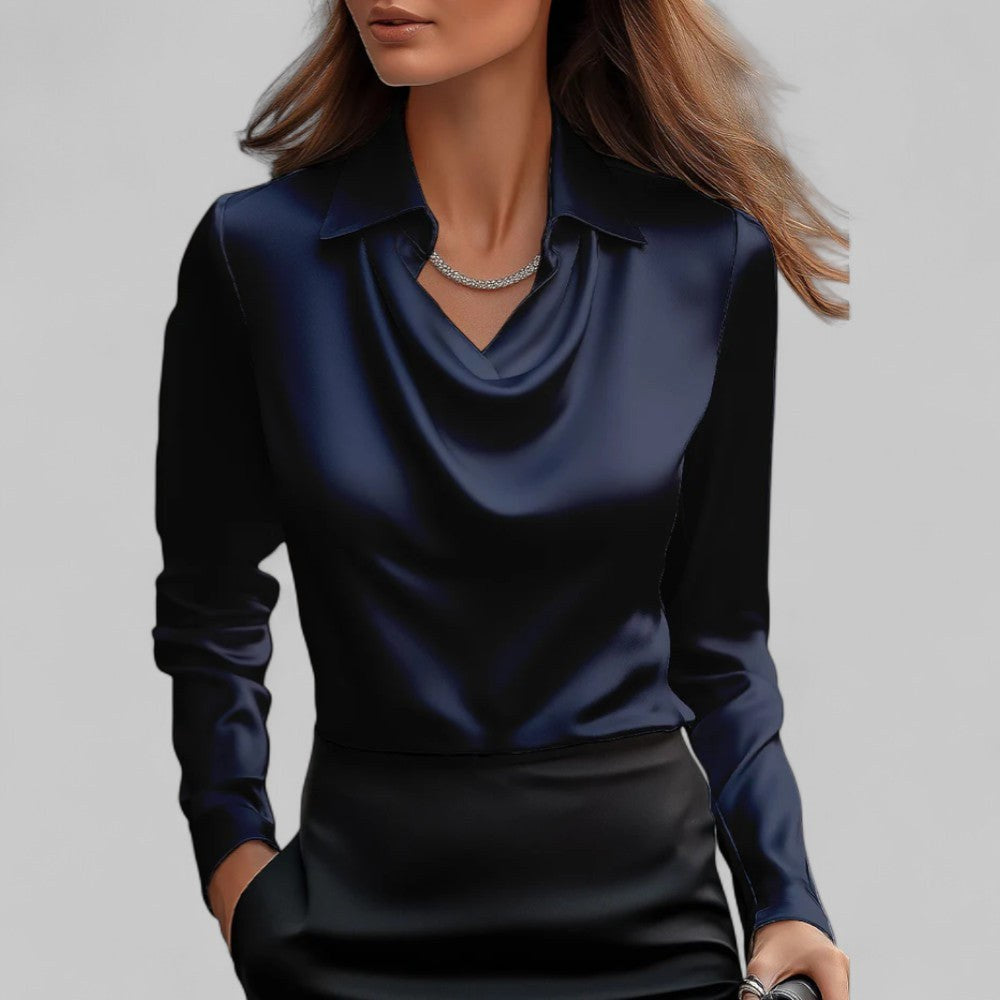 Rose | Women's Draped Neck Long Sleeve Satin Blouse - Grey