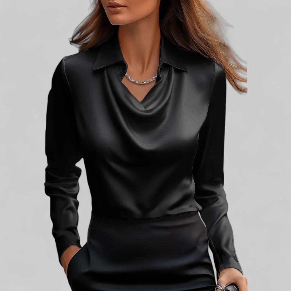 Rose | Women's Draped Neck Long Sleeve Satin Blouse - Pink