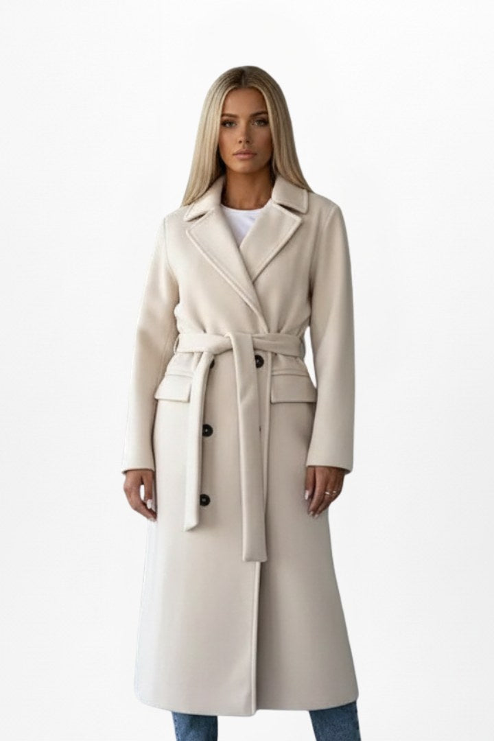 Roseline | Women's Double-Breasted Long Coat, Tailored Autumn Coat | The Dress Cellar | Beige
