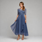 Rebecca | Women's Lace Midi Dress with Floral Embroidery, Layered Midi Dress | The Dress Cellar