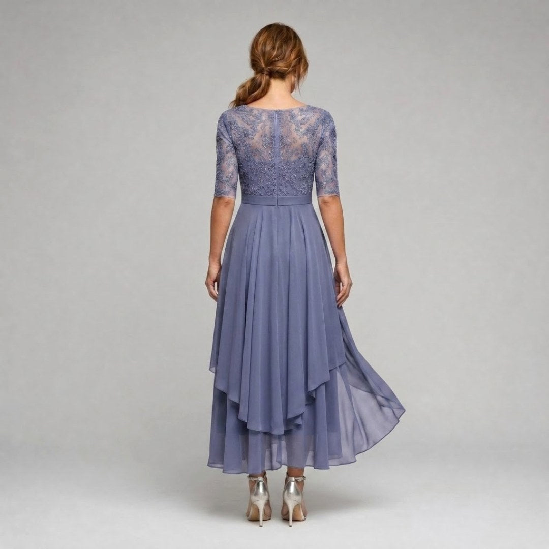 Rebecca | Women's Lace Midi Dress with Floral Embroidery, Layered Midi Dress | The Dress Cellar