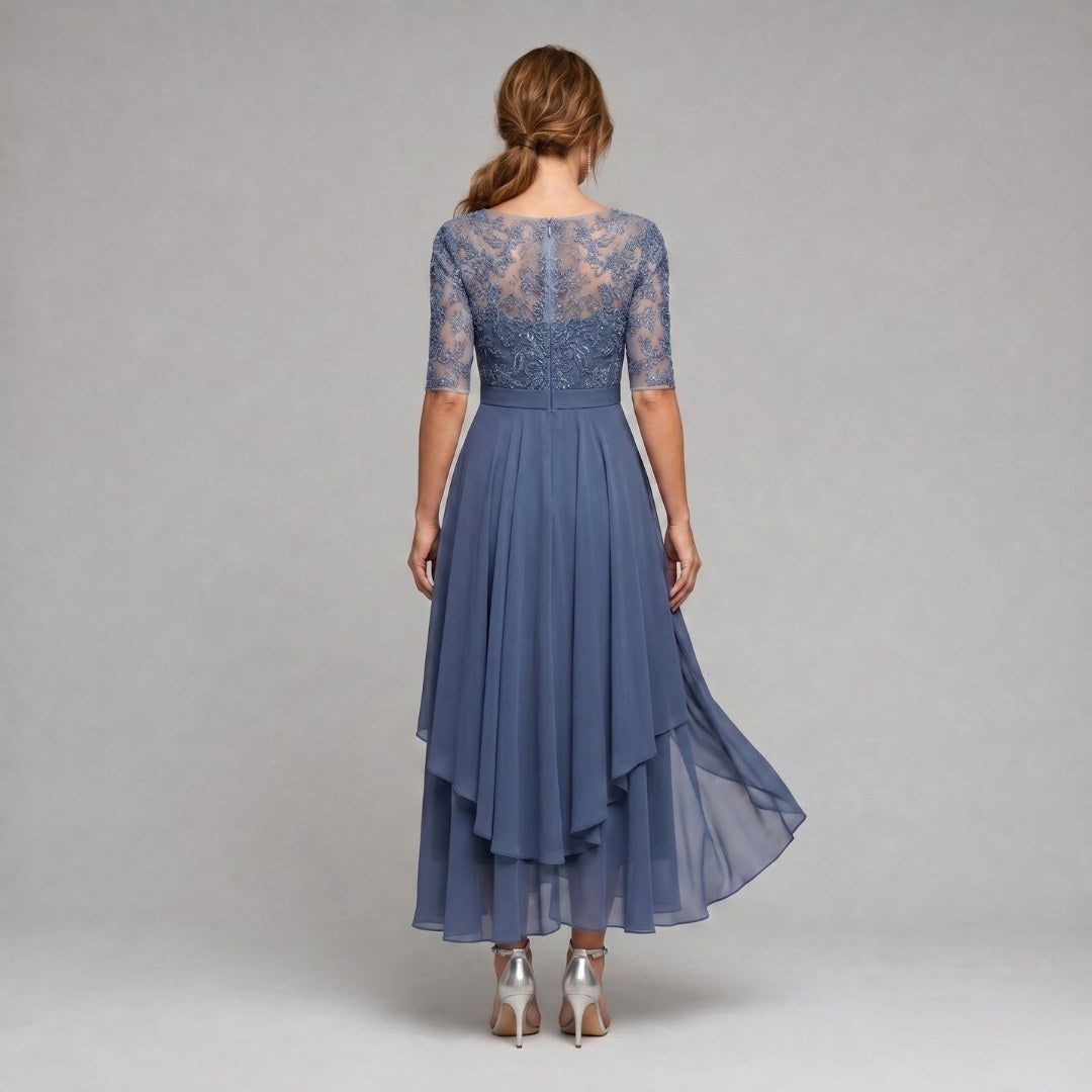 Rebecca | Women's Lace Midi Dress with Floral Embroidery, Layered Midi Dress | The Dress Cellar