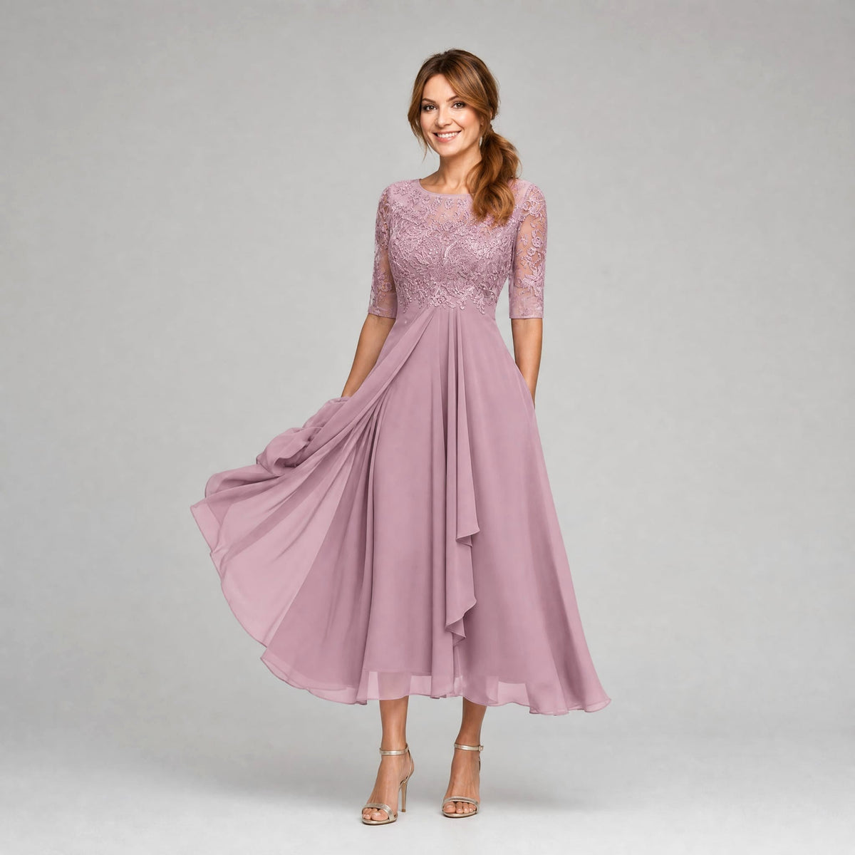 Rebecca | Women's Lace Midi Dress with Floral Embroidery, Layered Midi Dress | The Dress Cellar