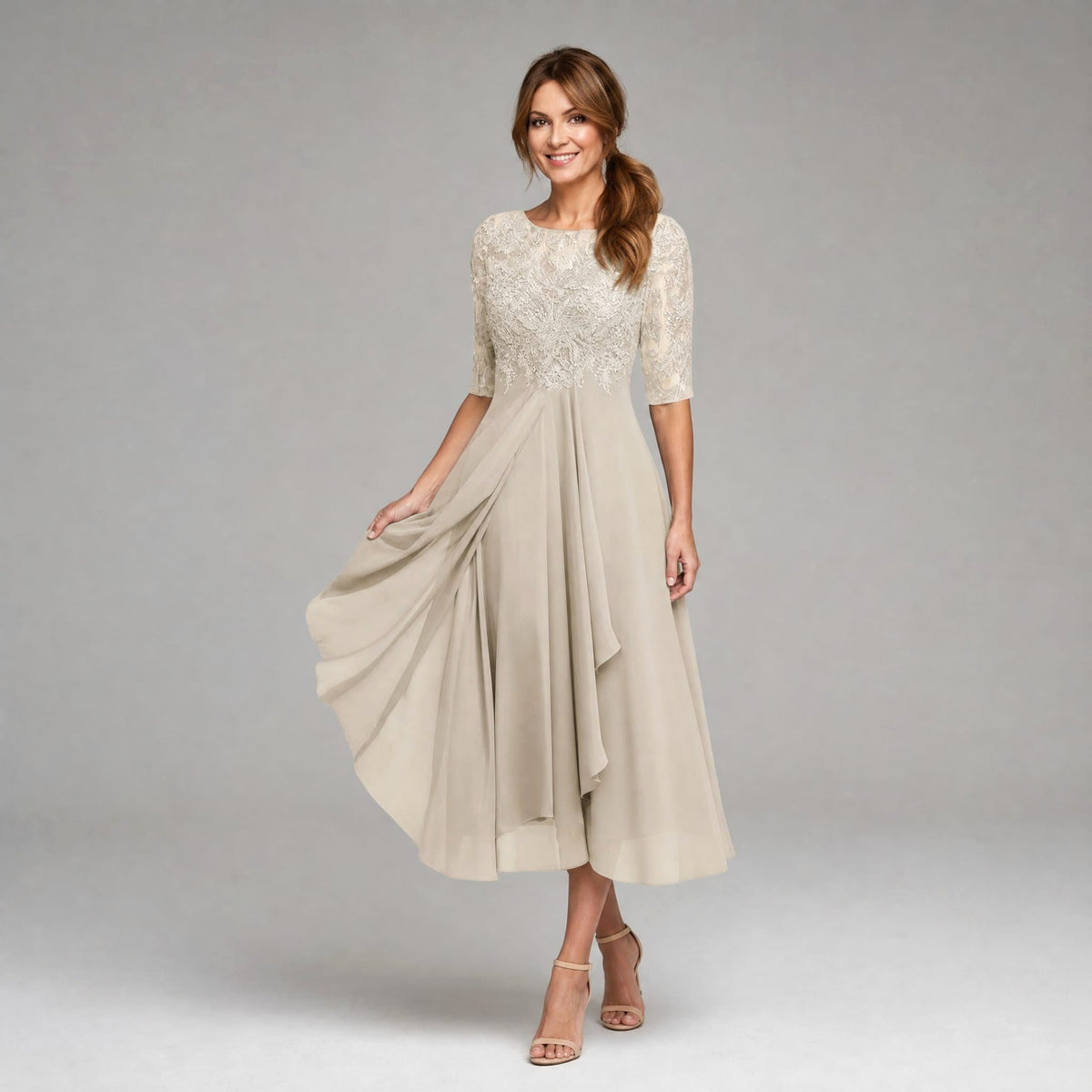 Rebecca | Women's Lace Midi Dress with Floral Embroidery, Layered Midi Dress | The Dress Cellar
