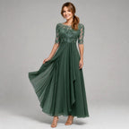 Rebecca | Women's Lace Midi Dress with Floral Embroidery, Layered Midi Dress | The Dress Cellar