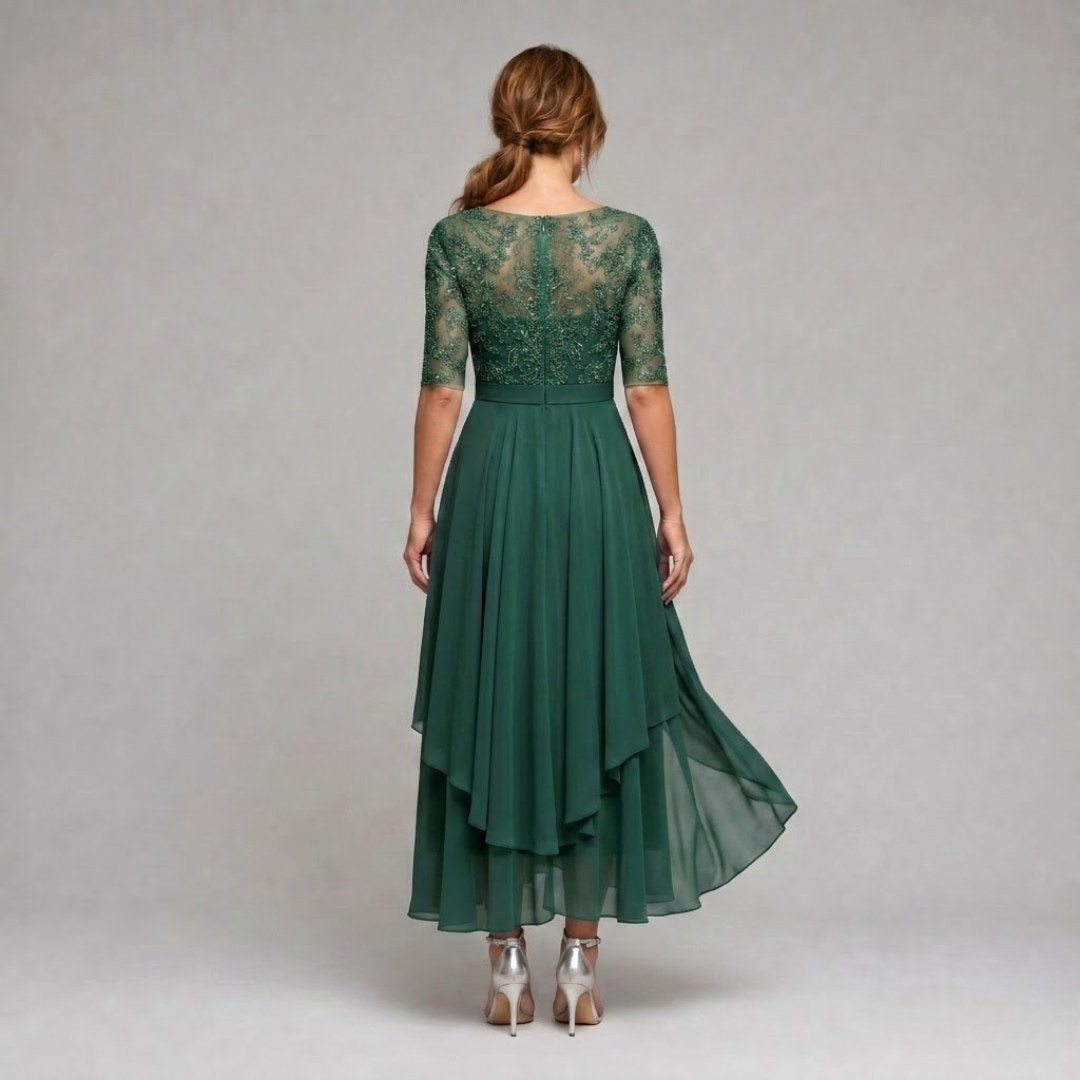 Rebecca | Women's Lace Midi Dress with Floral Embroidery, Layered Midi Dress | The Dress Cellar