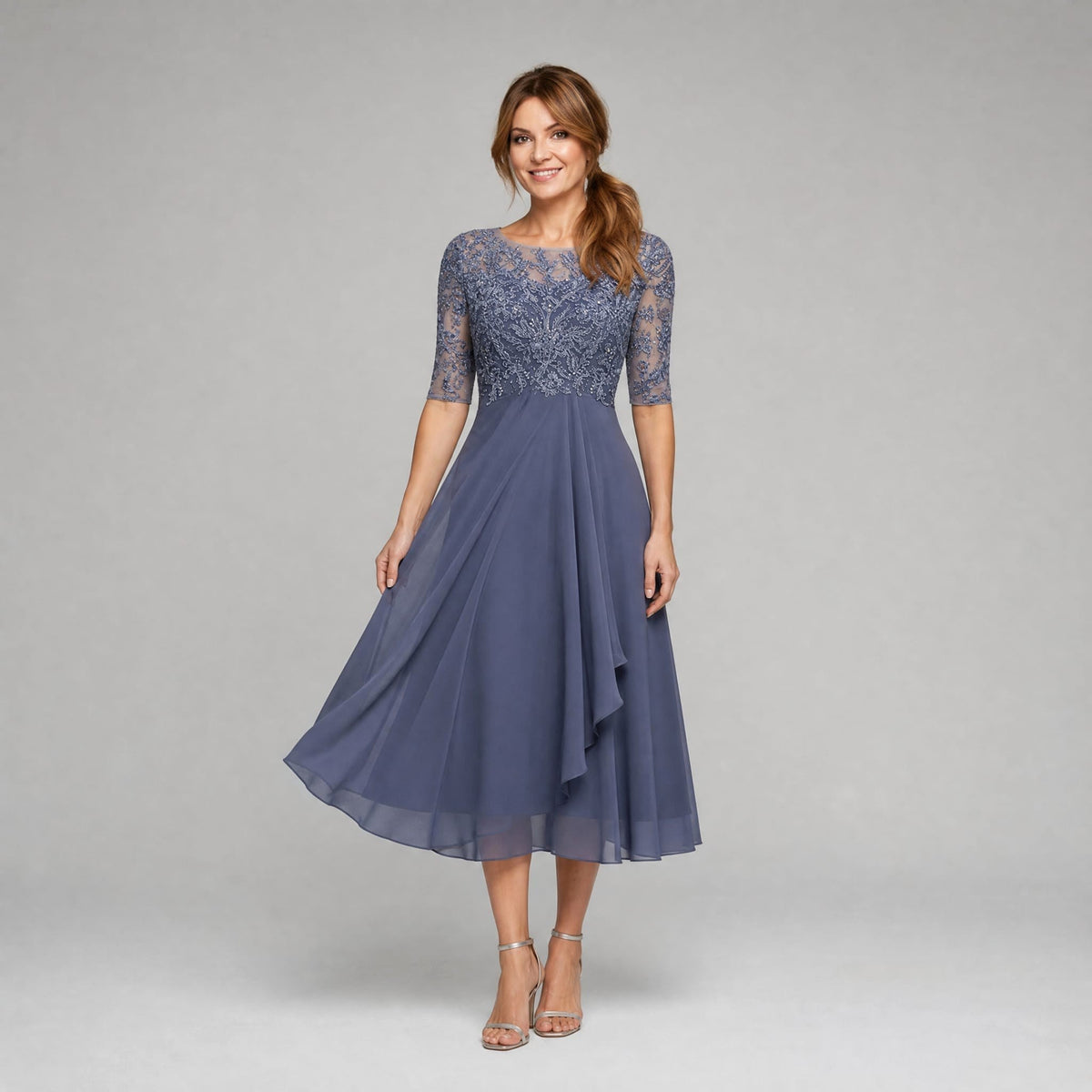 Rebecca | Women's Lace Midi Dress with Floral Embroidery, Layered Midi Dress | The Dress Cellar