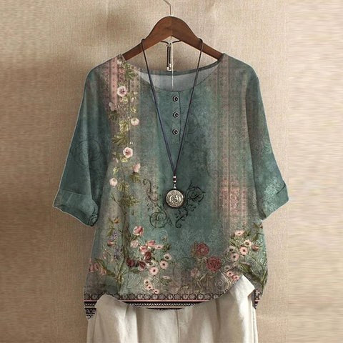 Ruby | Women's Retro-Inspired Floral Blouse - Green