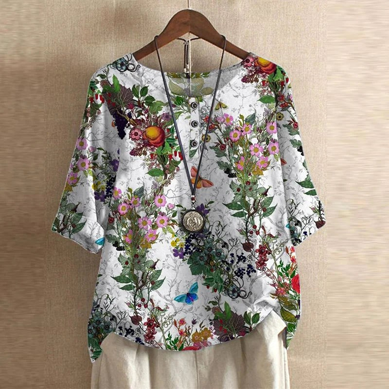Ruby | Women's Retro-Inspired Floral Blouse - White Flowers