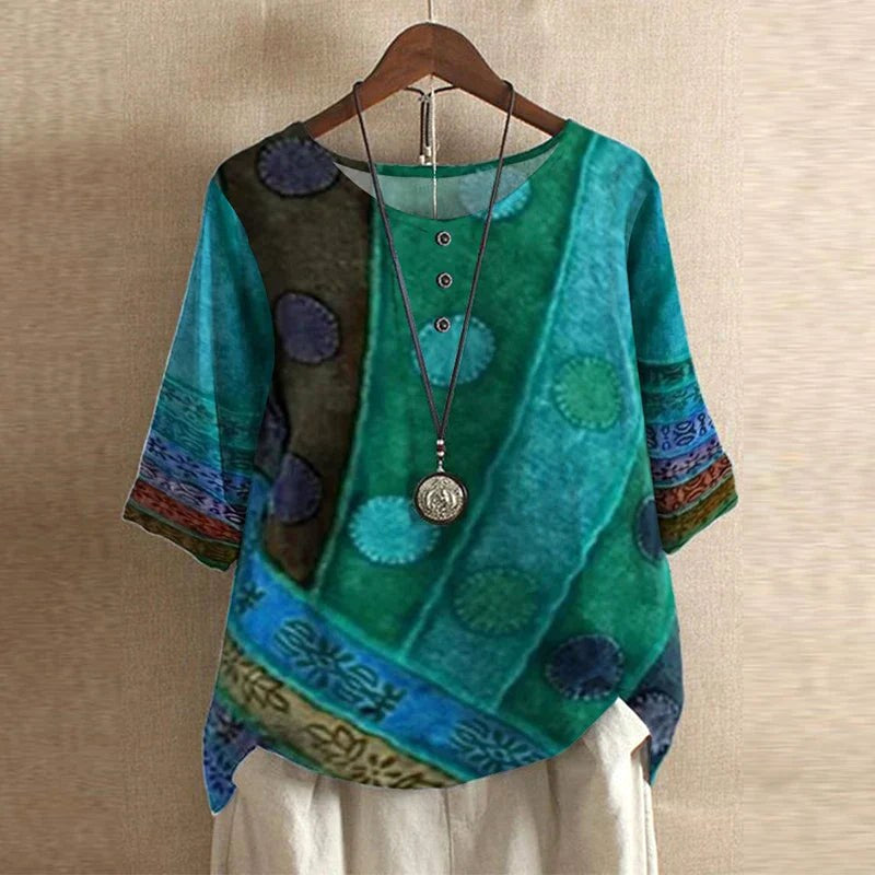 Ruby | Women's Retro-Inspired Floral Blouse - Blue/Green