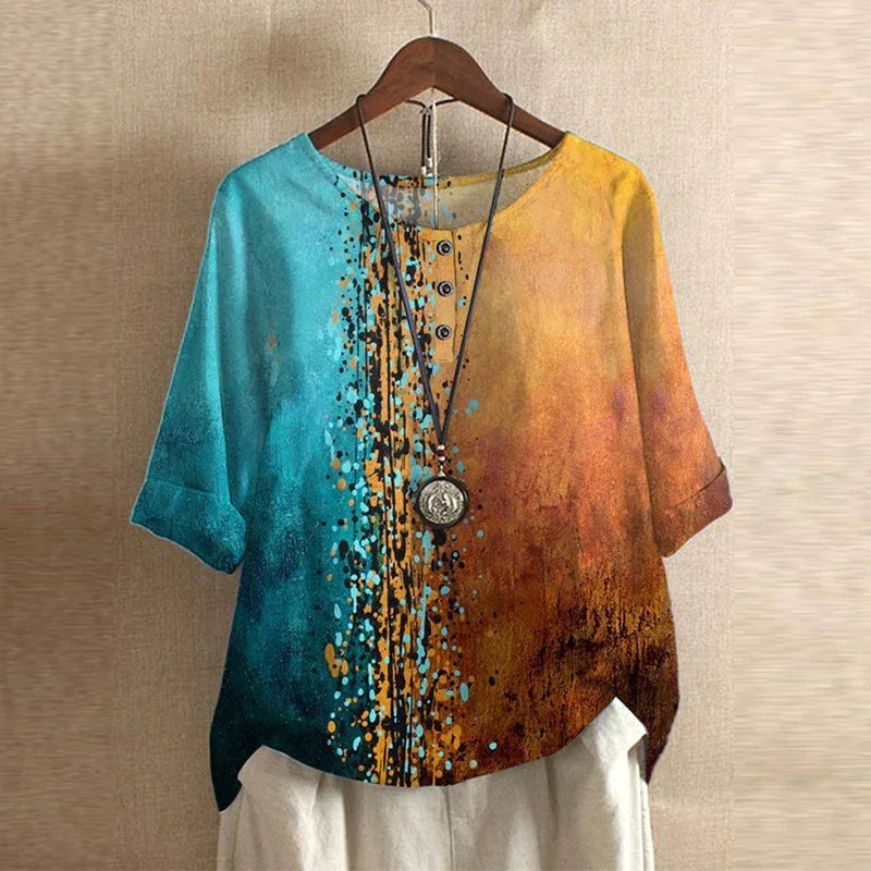Ruby | Women's Retro-Inspired Floral Blouse - Blue/Orange