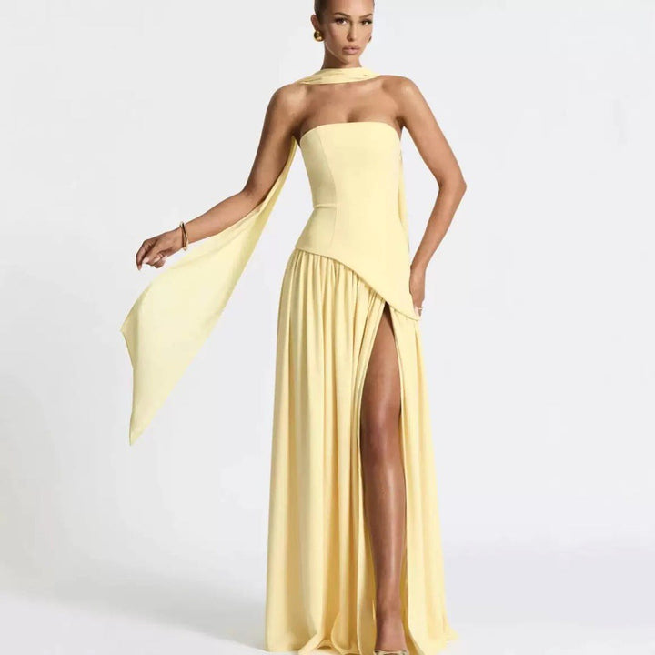 Sabine | Women's Strapless Maxi Dress with Leg Split, Formal Wedding Guest Dress | The Dress Cellar