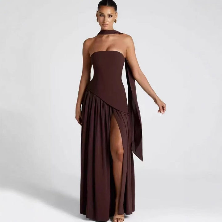 Sabine | Women's Strapless Maxi Dress with Leg Split, Formal Wedding Guest Dress | The Dress Cellar | Red