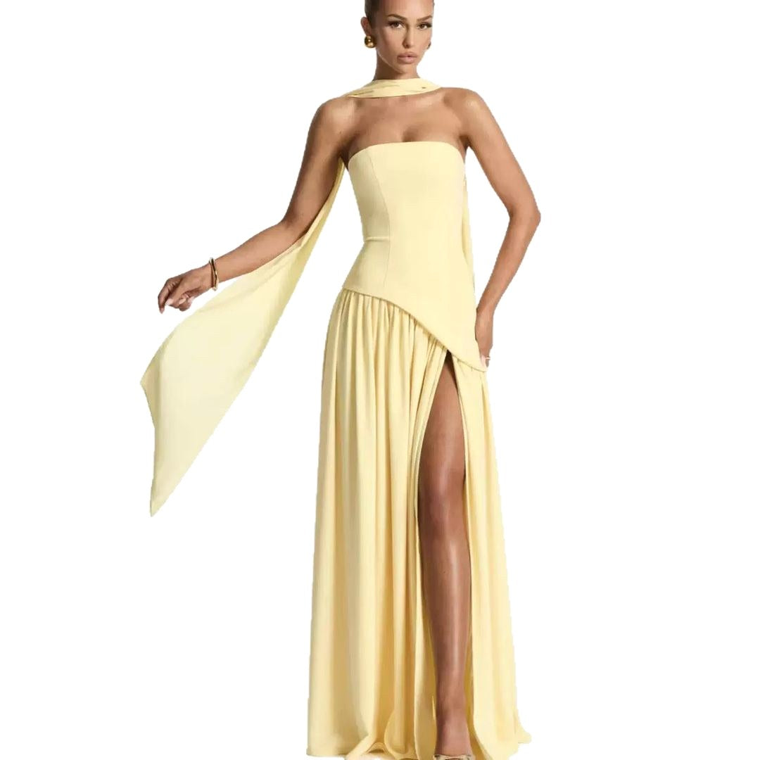 Sabine | Women's Strapless Maxi Dress with Leg Split, Formal Wedding Guest Dress | The Dress Cellar | Green