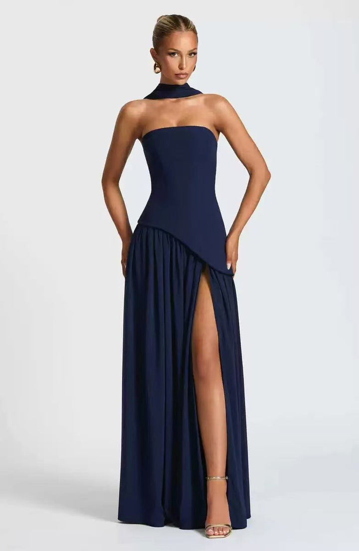 Sabine | Women's Strapless Maxi Dress with Leg Split, Formal Wedding Guest Dress | The Dress Cellar | Dark blue