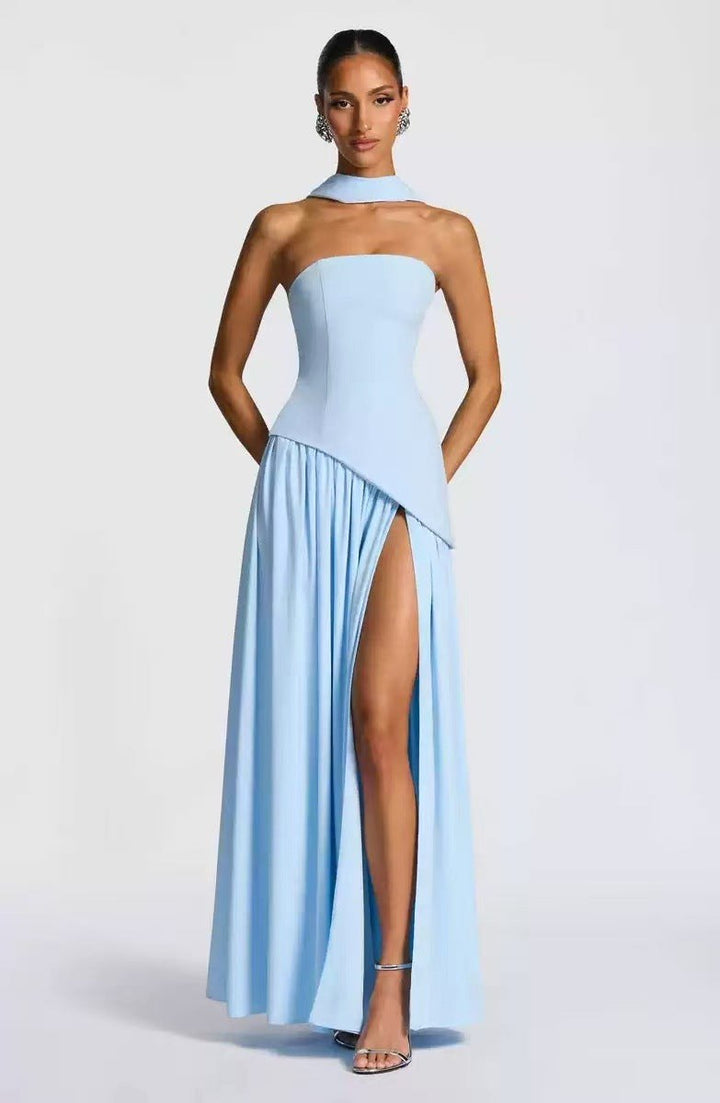 Sabine | Women's Strapless Maxi Dress with Leg Split, Formal Wedding Guest Dress | The Dress Cellar | Brown