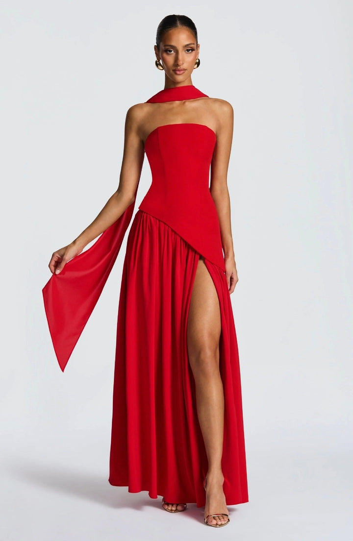 Sabine | Women's Strapless Maxi Dress with Leg Split, Formal Wedding Guest Dress | The Dress Cellar | Yellow