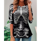 Samantha | Women's Halloween Skeleton Long-Sleeve Top, Festive Graphic Tee | The Dress Cellar | Black