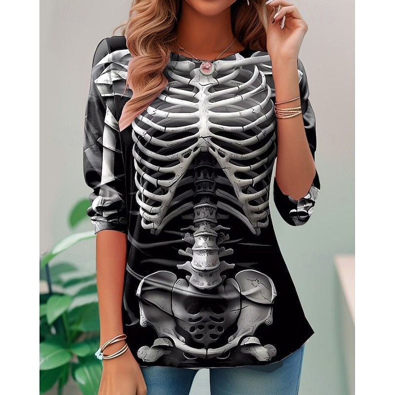 Samantha | Women's Halloween Skeleton Long-Sleeve Top, Festive Graphic Tee | The Dress Cellar | Black