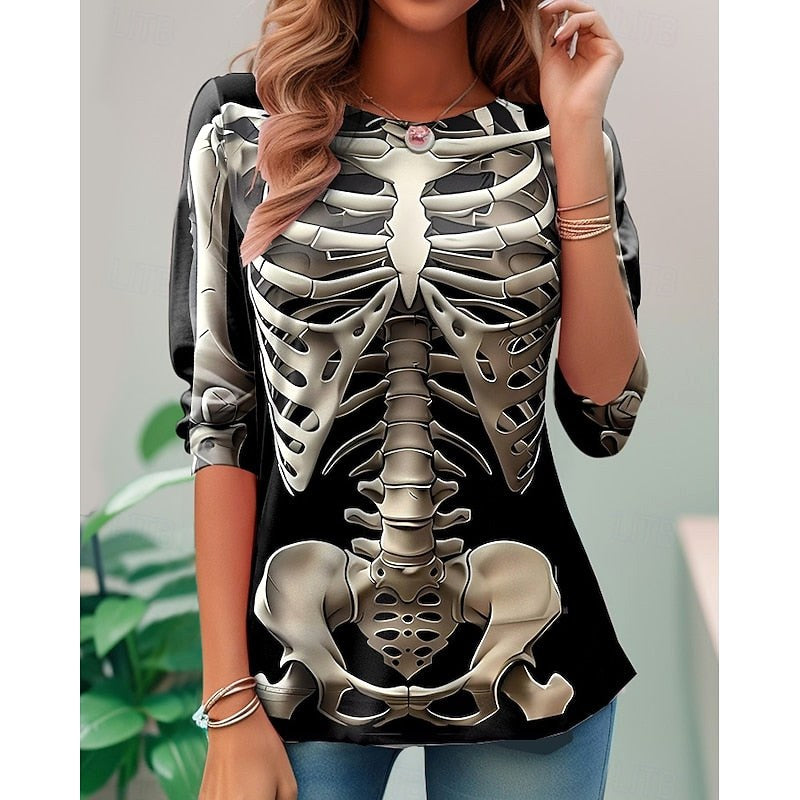 Samantha | Women's Halloween Skeleton Long-Sleeve Top, Festive Graphic Tee | The Dress Cellar | Dark Gray