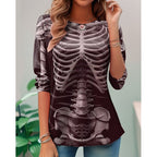Samantha | Women's Halloween Skeleton Long-Sleeve Top, Festive Graphic Tee | The Dress Cellar | Wine