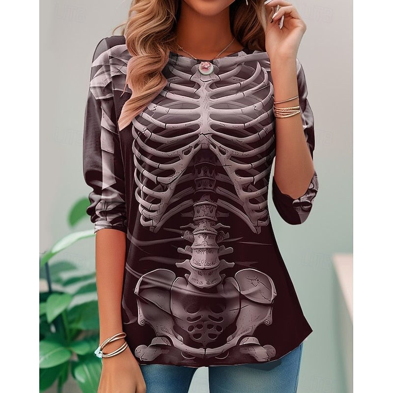 Samantha | Women's Halloween Skeleton Long-Sleeve Top, Festive Graphic Tee | The Dress Cellar | Wine