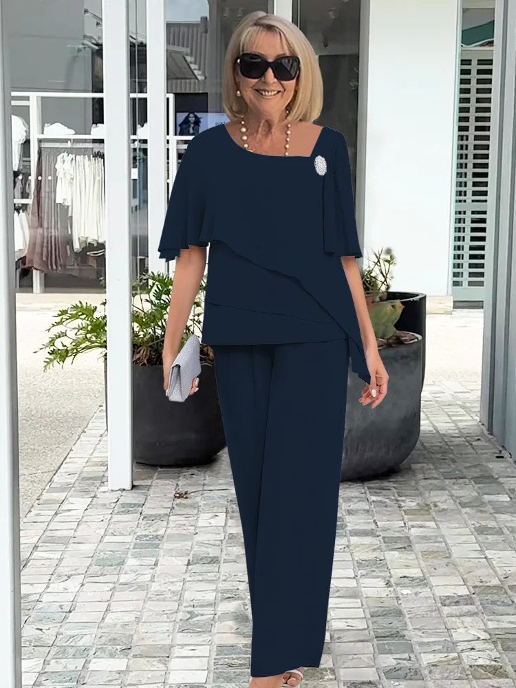 Sarah | Women's Elegant Summer Two-Piece Set - Navy Blue