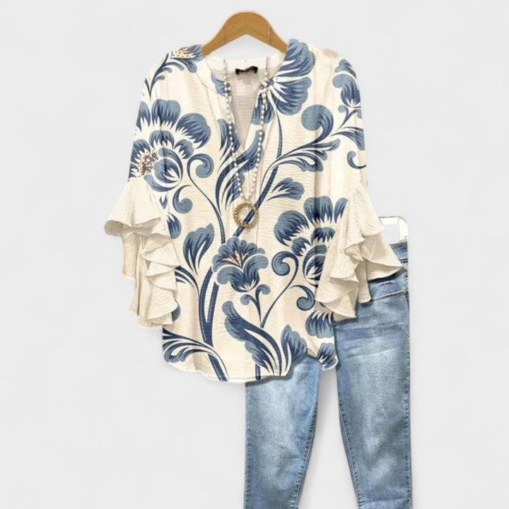 Savannah | Women's Elegant Floral Breathable Blouse - White Blue