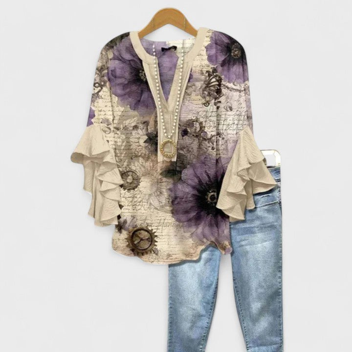 Savannah | Women's Elegant Floral Breathable Blouse - Dark Blue