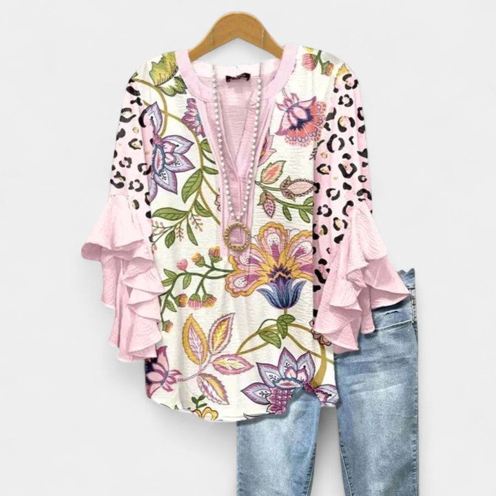 Savannah | Women's Elegant Floral Breathable Blouse - Light Brown