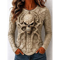 Savannah | Women's Halloween Skull Long Sleeve Top, Graphic Print Crew Neck Top | The Dress Cellar | Khaki