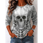 Savannah | Women's Halloween Skull Long Sleeve Top, Graphic Print Crew Neck Top | The Dress Cellar | Charcoal Grey
