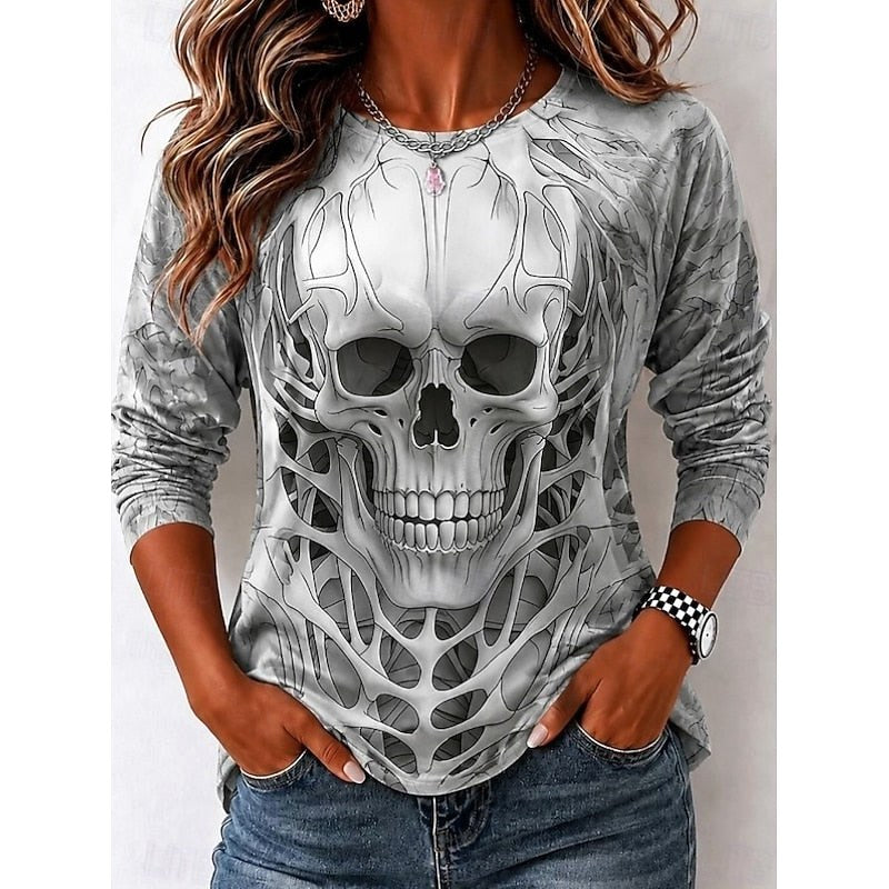 Savannah | Women's Halloween Skull Long Sleeve Top, Graphic Print Crew Neck Top | The Dress Cellar | Charcoal Grey