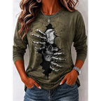Savannah | Women's Halloween Skull Long Sleeve Top, Graphic Print Crew Neck Top | The Dress Cellar | Green