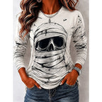 Savannah | Women's Halloween Skull Long Sleeve Top, Graphic Print Crew Neck Top | The Dress Cellar | White