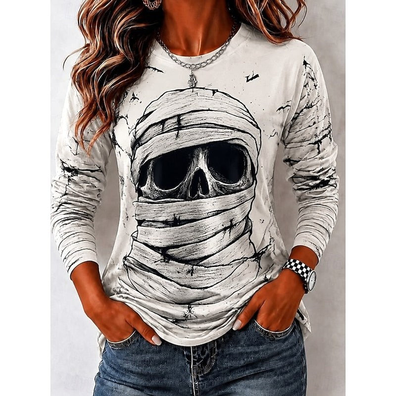 Savannah | Women's Halloween Skull Long Sleeve Top, Graphic Print Crew Neck Top | The Dress Cellar | White