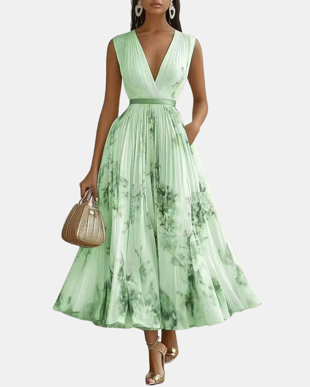 Savannah | Women's Pleated V-Neck Maxi Dress - Green