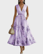 Savannah | Women's Pleated V-Neck Maxi Dress - Purple