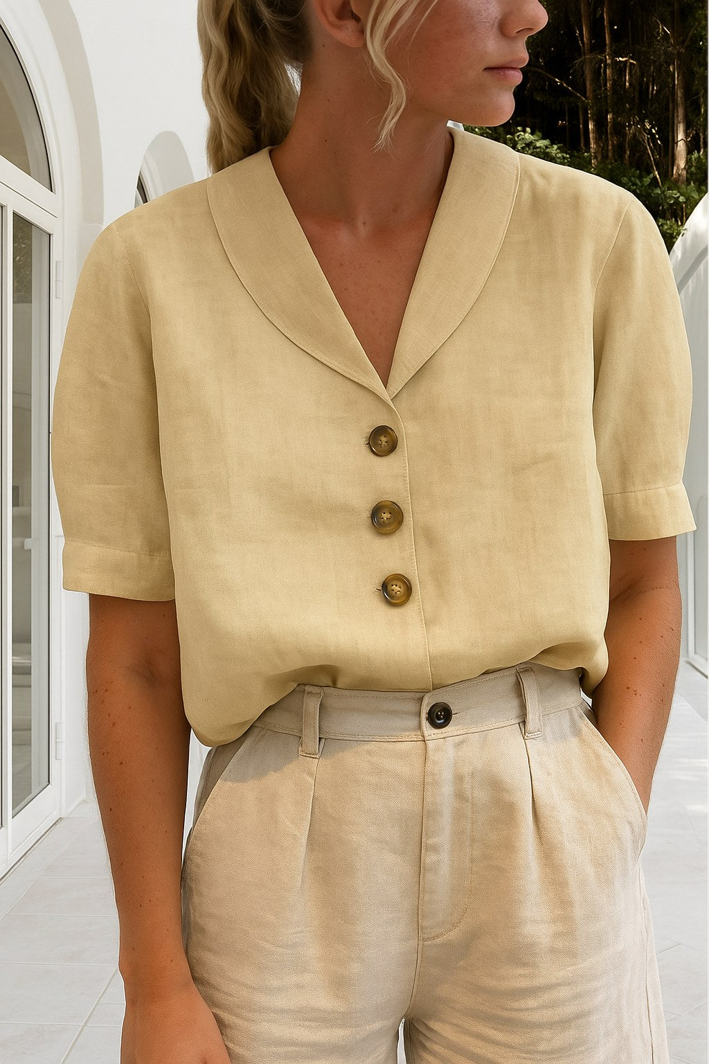 Savannah | Women's Short Sleeve Wrap Blouse - Beige