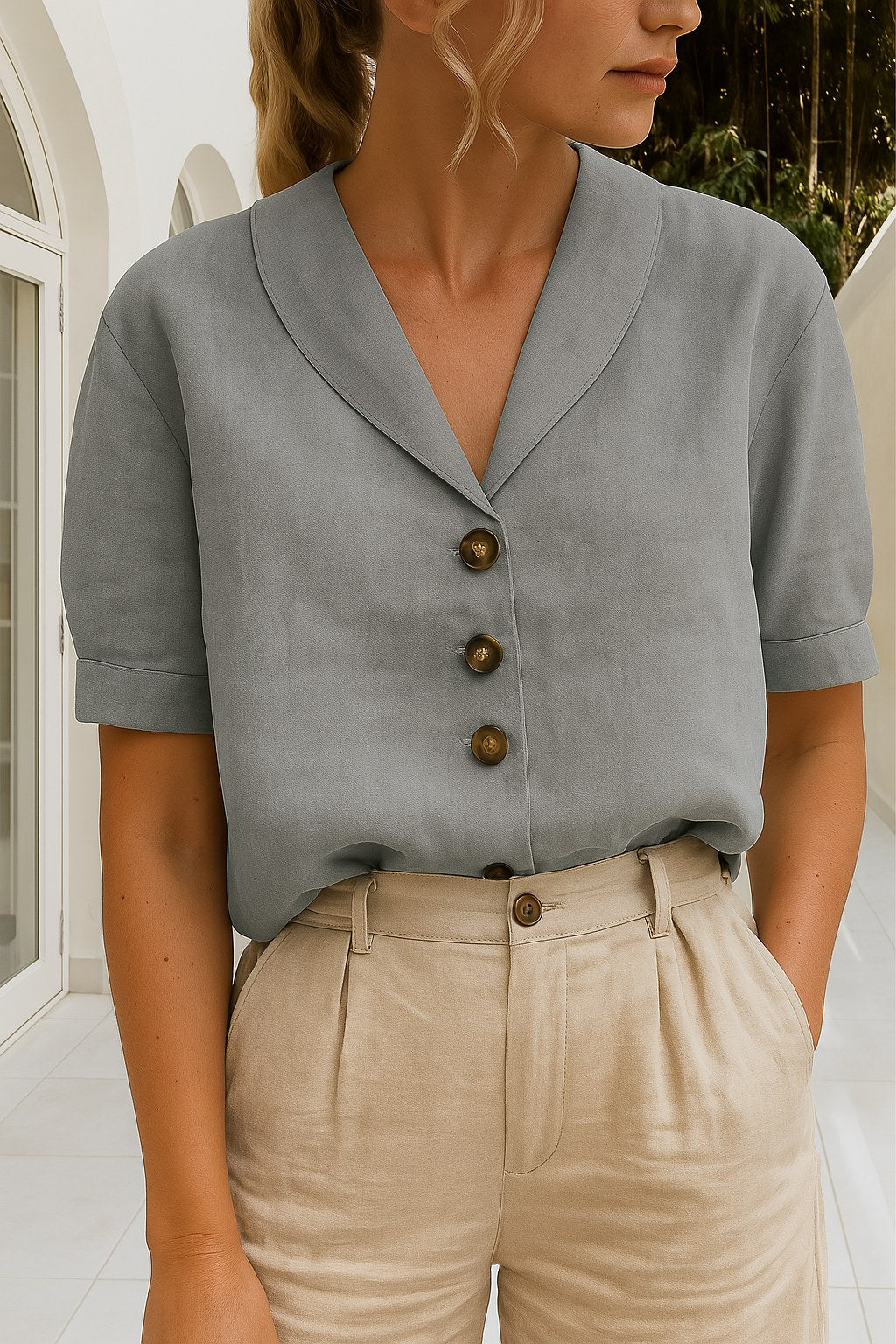 Savannah | Women's Short Sleeve Wrap Blouse - Grey