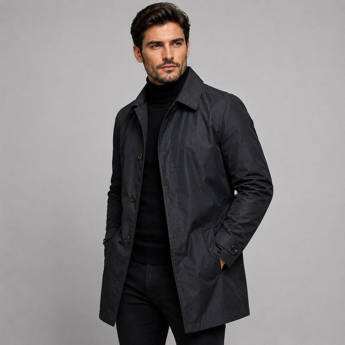 Scott | Men's Tailored Longline Coat, Button Front Overcoat | The Dress Cellar | Black