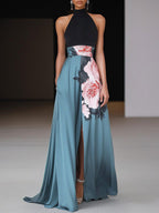 Seraphina | Women's Black Floral Sleeveless A-Line Maxi Dress - Black
