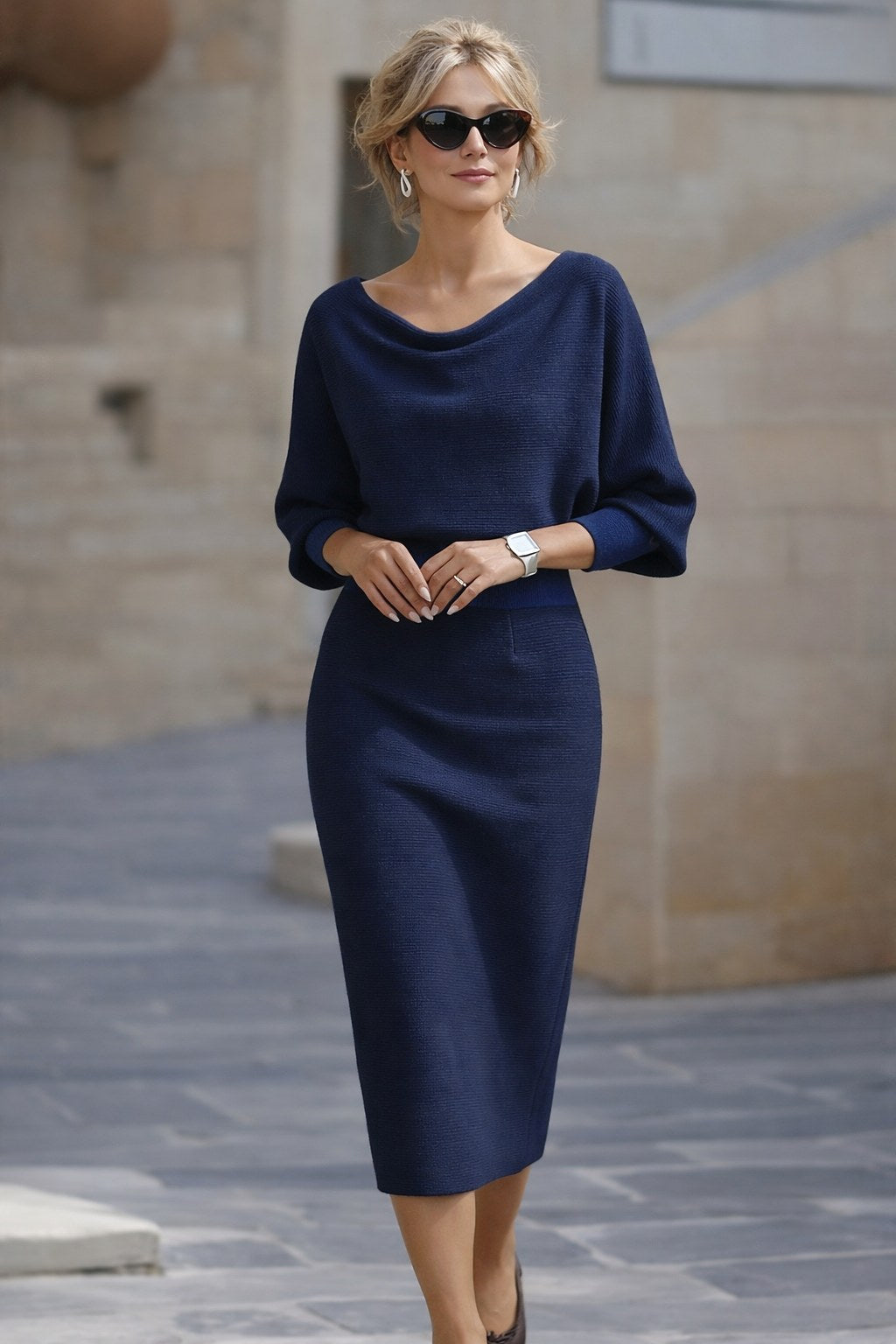 Barbara | Women's Midi Dress with Round Neckline, Flowing Draped Midi Dress | The Dress Cellar