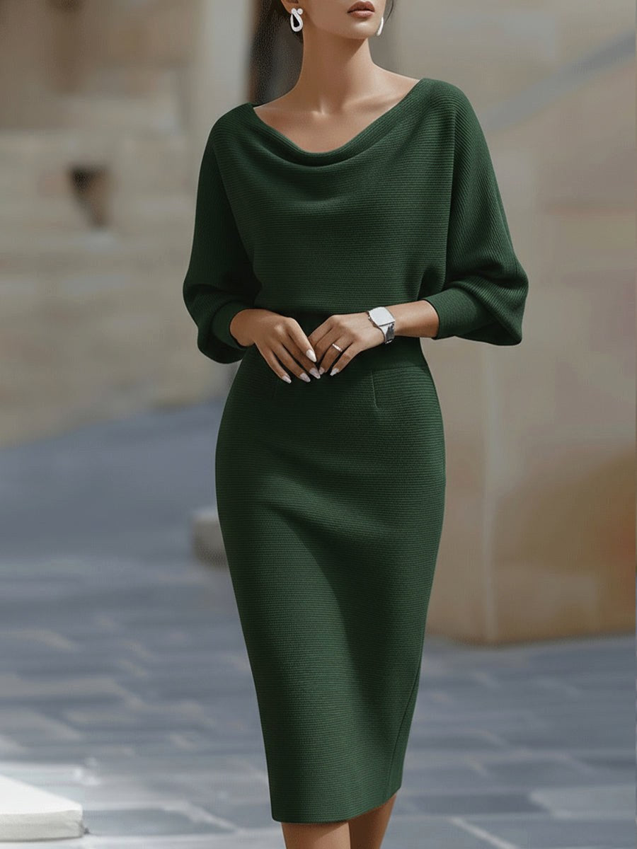 Barbara | Women's Midi Dress with Round Neckline, Flowing Draped Midi Dress | The Dress Cellar