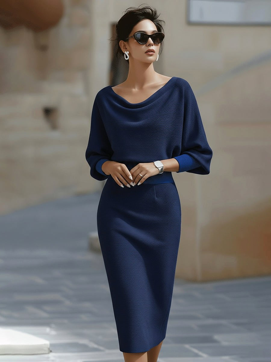 Barbara | Women's Midi Dress with Round Neckline, Flowing Draped Midi Dress | The Dress Cellar