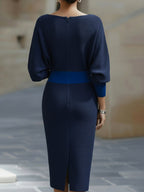 Barbara | Women's Midi Dress with Round Neckline, Flowing Draped Midi Dress | The Dress Cellar